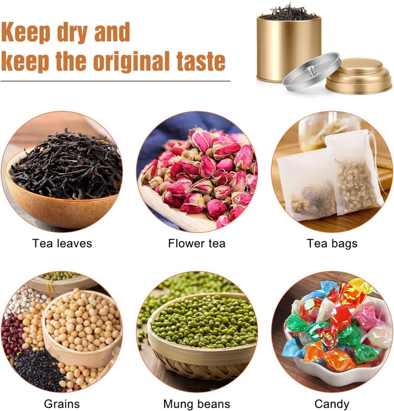 TRISCO Tea Tin with Airtight Double Lids for Loose Leaf Tea Storage, 8 Fl Oz Kitchen Small Tin Can Tea Canisters for Loose Tea Coffee Sugar Candy Spices, Holiday Gift(Golden 6 Pcs) - Image 4